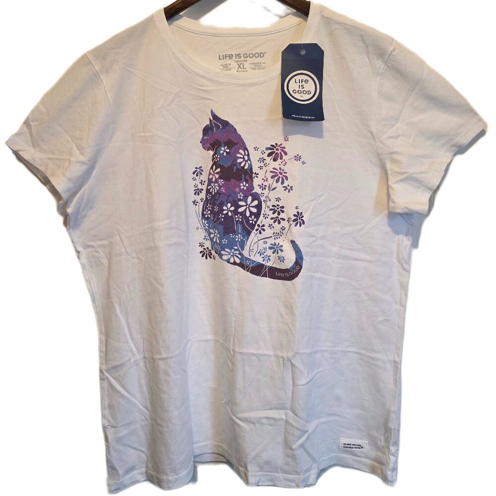 Life Is Good Women's Tie Dye Cat Flower Power Short Sleeve Crusher Tee (NWT)